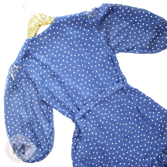 Navy Blue Dotted Ruffle Hem Wrap Dress - Picture 7 of 8